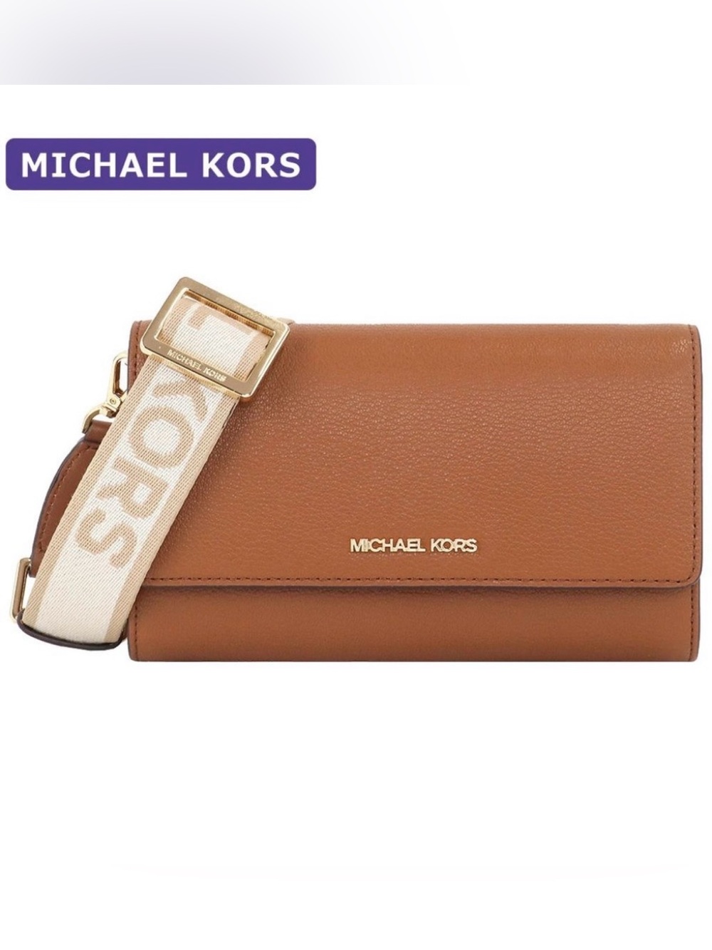 Michael Kors Cognac Leather Crossbody with Branded Canvas Strap NWOT